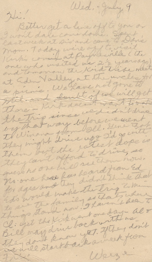 Postcard from Louise Kirkpatrick to her sister Frances Windhurst dated Wed., July 9, 1952