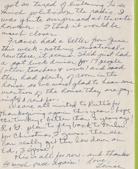 Last page of letter from Louise Kirkpatrick to sister Mrs. J. M. Munson, dated November 14, 1952