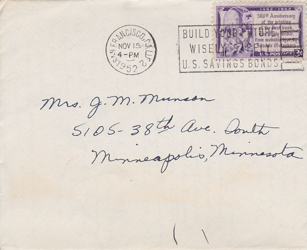 Front of envelope of letter from Louise Kirkpatrick to sister Mrs. J. M. Munson, dated November 14, 1952