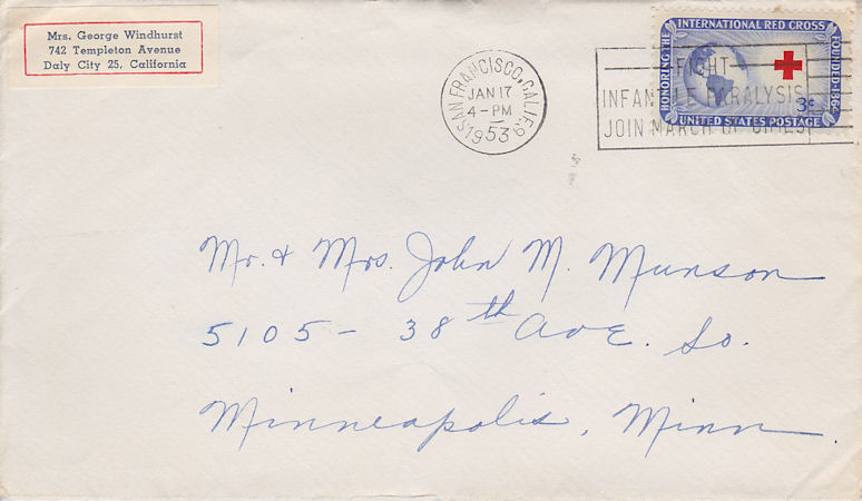 Envelope of letter from Mrs. George Windhurst to Mr. and Mrs. John M. Munson, postmarked Jan. 17, 1953