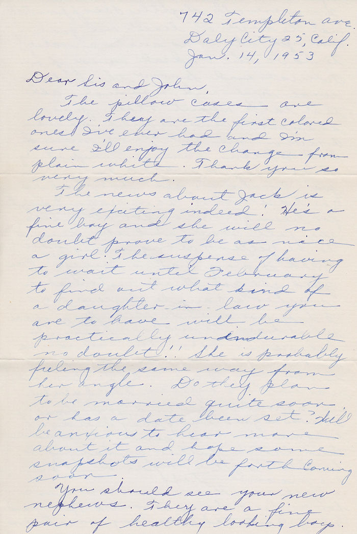 Page 1 of letter from Mrs. George Windhurst to Mr. and Mrs. John M. Munson, postmarked Jan. 17, 1953