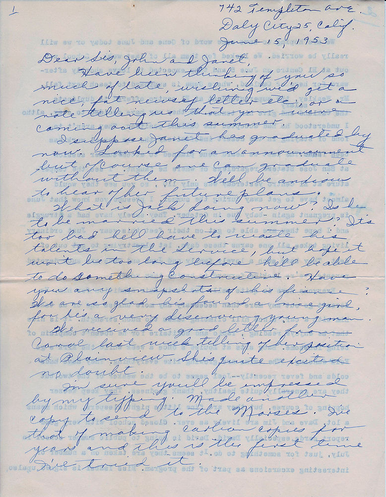 First page of letter from Frances Windhurst to the Munson family, dated June 15, 1953