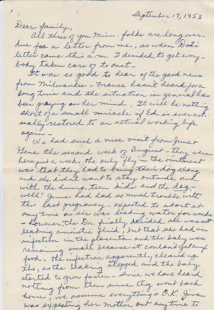 First page of letter from Louise Kirkpatrick to sister Mrs. J. M. Munson, dated Sept. 17, 1953