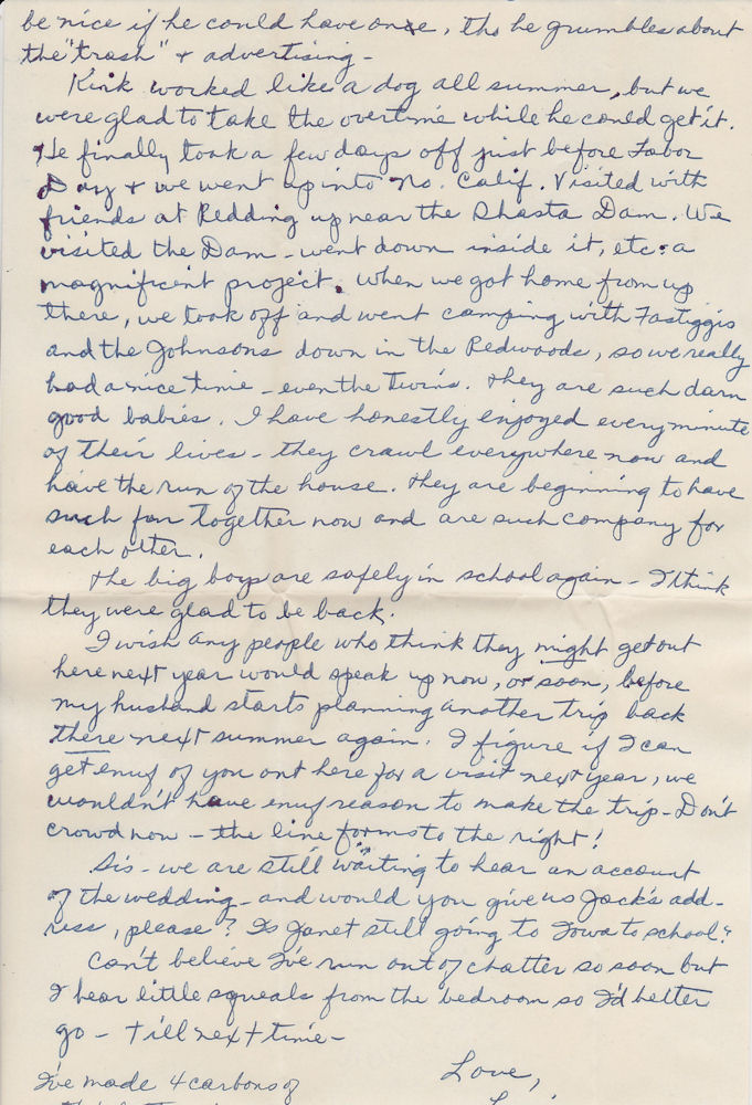 Last page of letter from Louise Kirkpatrick to sister Mrs. J. M. Munson, dated Sept. 17, 1953