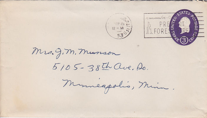 Envelope of letter from Louise Kirkpatrick to sister Mrs. J. M. Munson dated Sept. 17, 1953