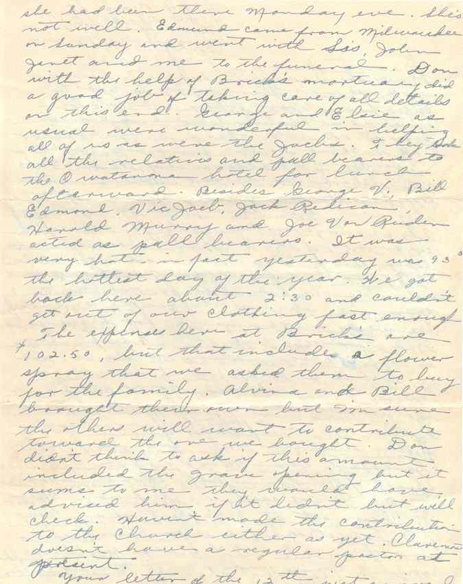 Reverse side of first page of letter from Frances Windhurst (n&eacute;e Kampa) to her husband George upon the death of her father, dated July 14, 1954.