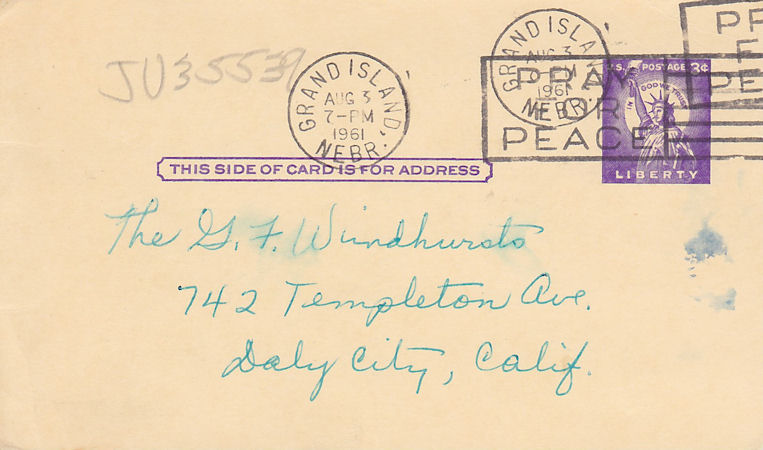 Postcard from Louise Kirkpatrick to The G. F. Windhursts postmarked Aug. 3, 1961