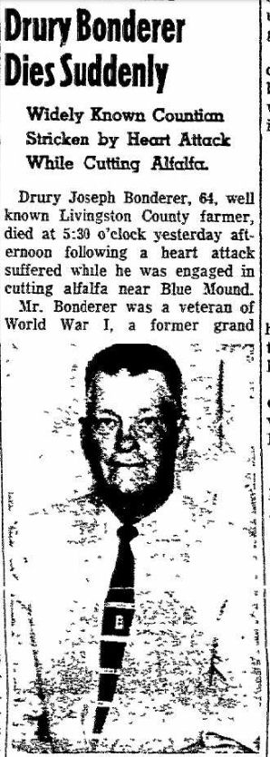 Drury Bonderer Dies Suddenly, The Chillicothe Constitution Tribune, Sept. 1, 1961