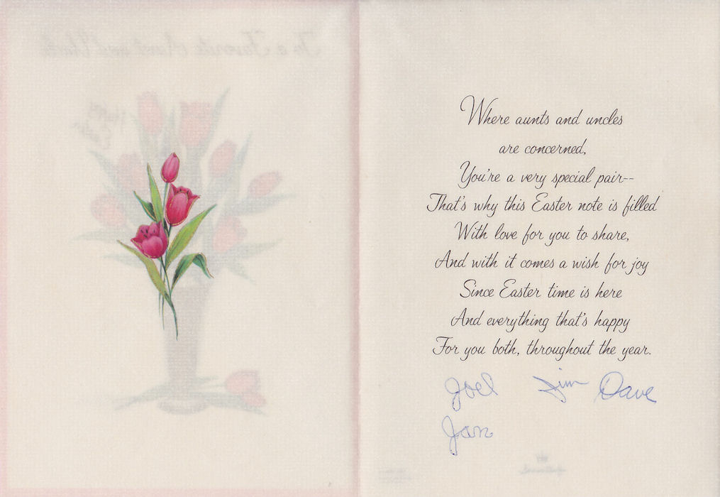 Open Easter card sent by the Kirkpatrick boys to Mr. + Mrs. G. F. Windhurst, postmarked 27 Mar 1964