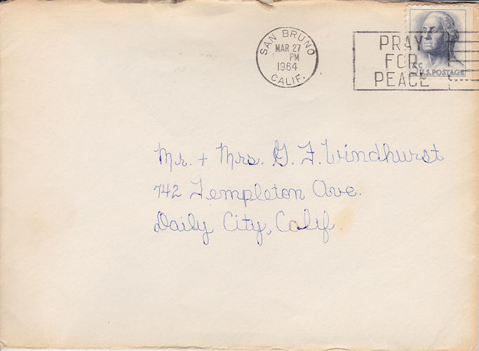 Envelope for Easter Card from Kirkpatrick boys to Mr. + Mrs. G. F. Windhurst, postmarked 27 Mar 1964