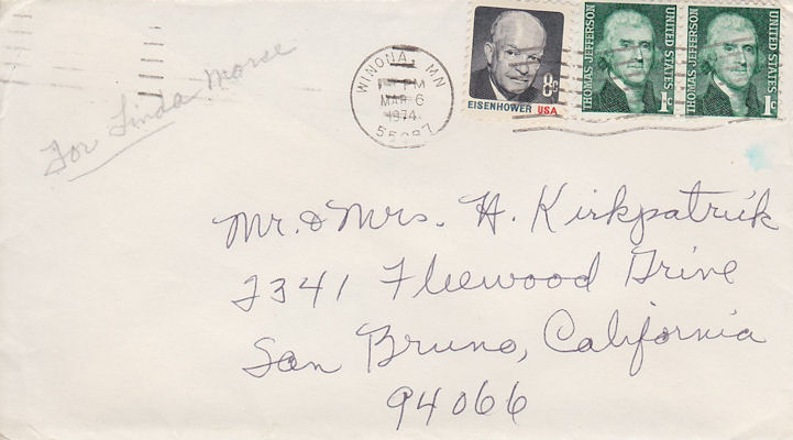 Envelope from Alvina to Mr. and Mrs. H. Kirkpatrick, postmarked Winona, MN Mar. 6, 1974