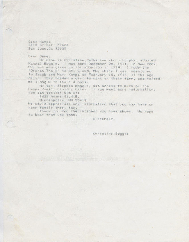 Letter from Christine Boggie to Gene Kampa, circa early 1990s