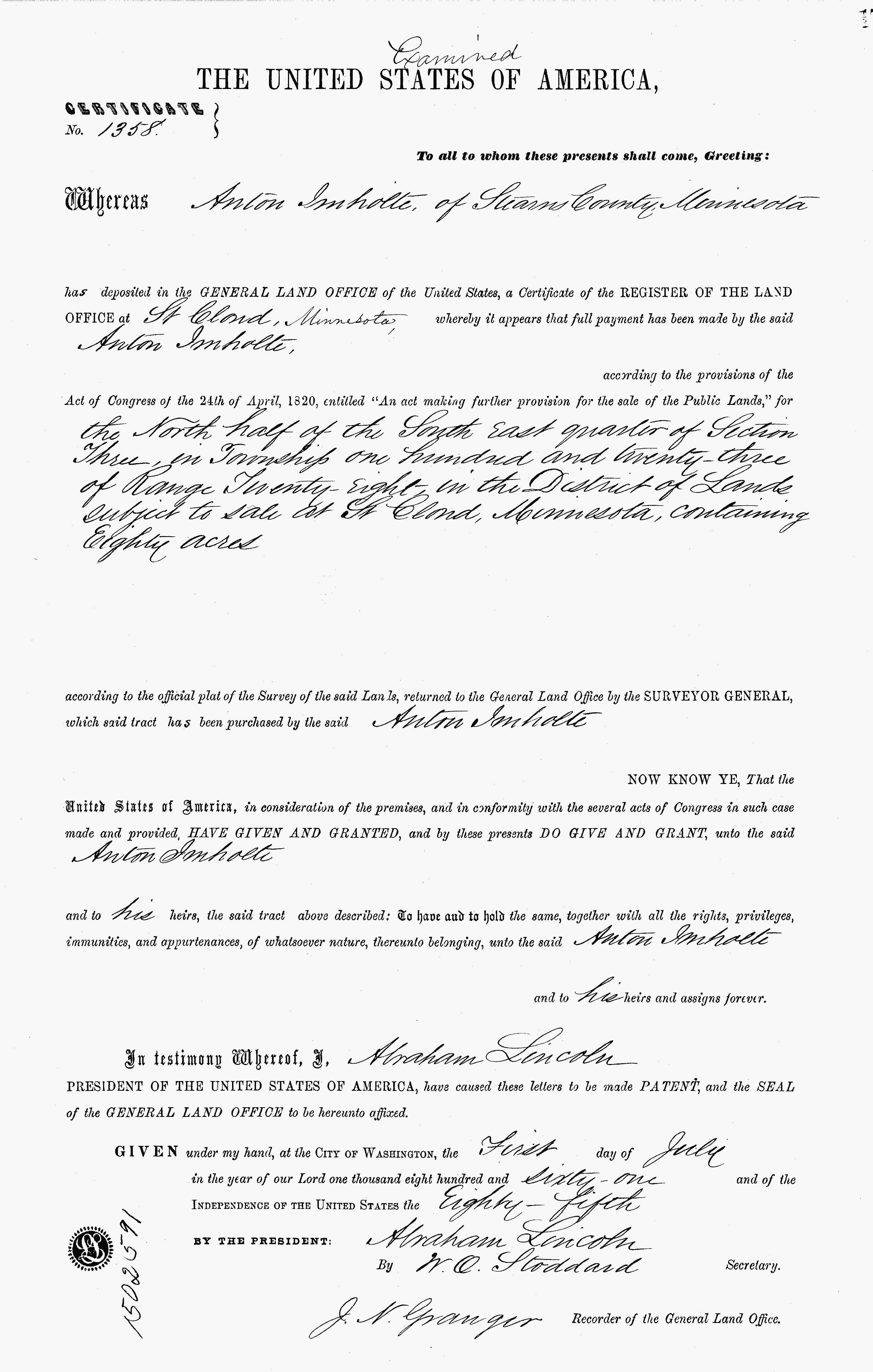 Anton Imholte's Stearn County Land Purchase, dated July 1, 1861