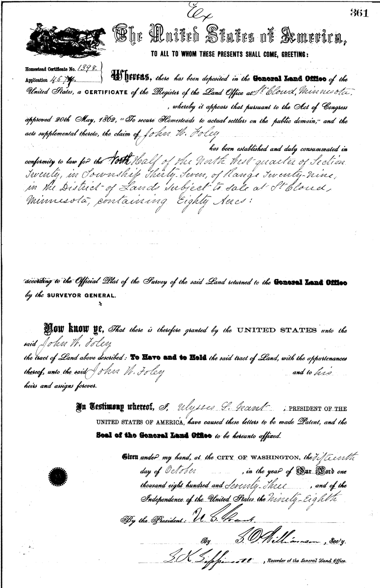 Homestead Deed for Joseph Balder, signed July 20, 1881.