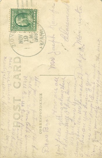 Back of postcard from William Kampa to Joseph Leander Kampa postmarked November 19 PM, 1909.