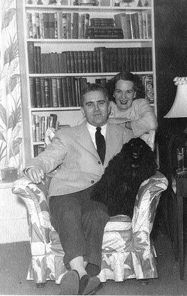 Dick and Alice Qvale at home with their dog Jinx, Wayzata MN, 1947.