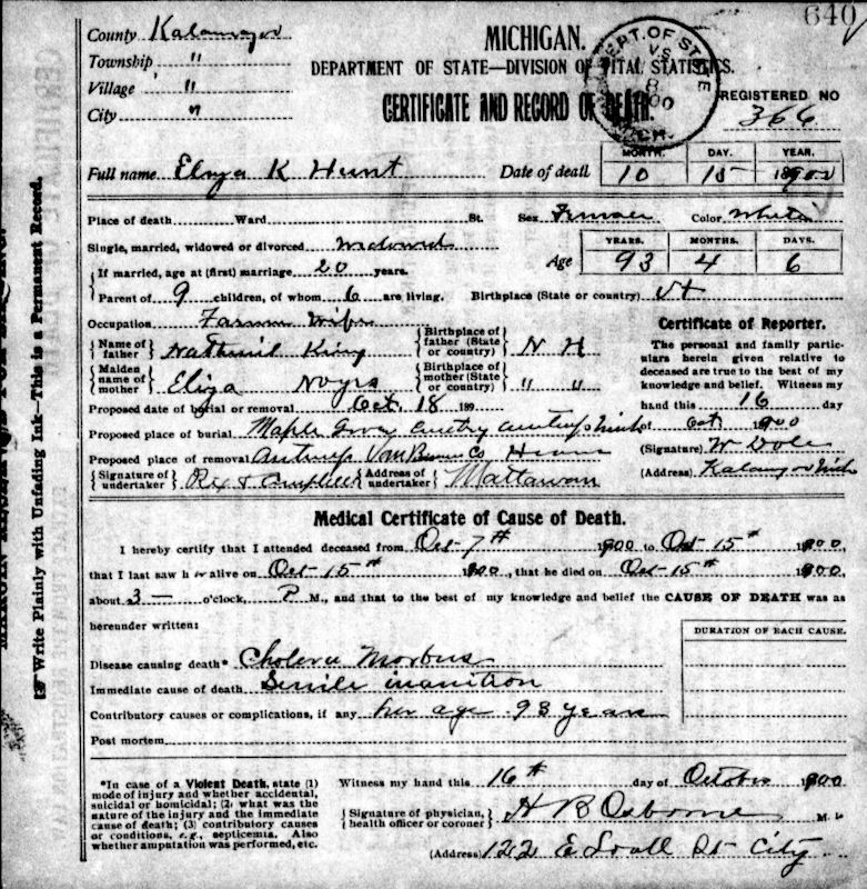 Eliza K. Hunt death certificate, Kalamazoo MI