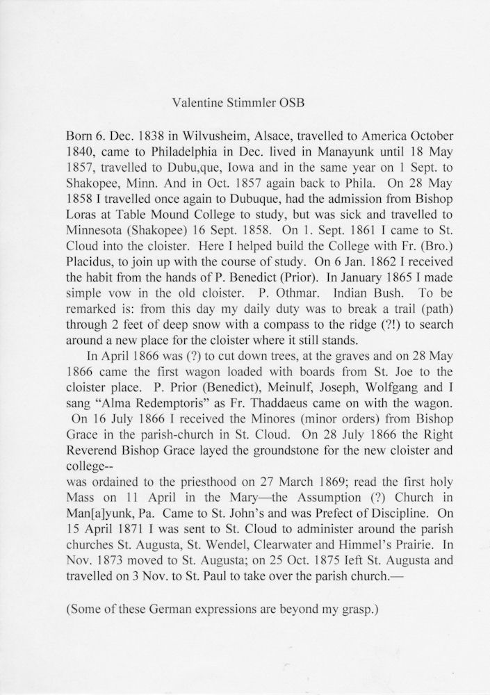 George Mullally's translation of Fr. Valentine's German letter