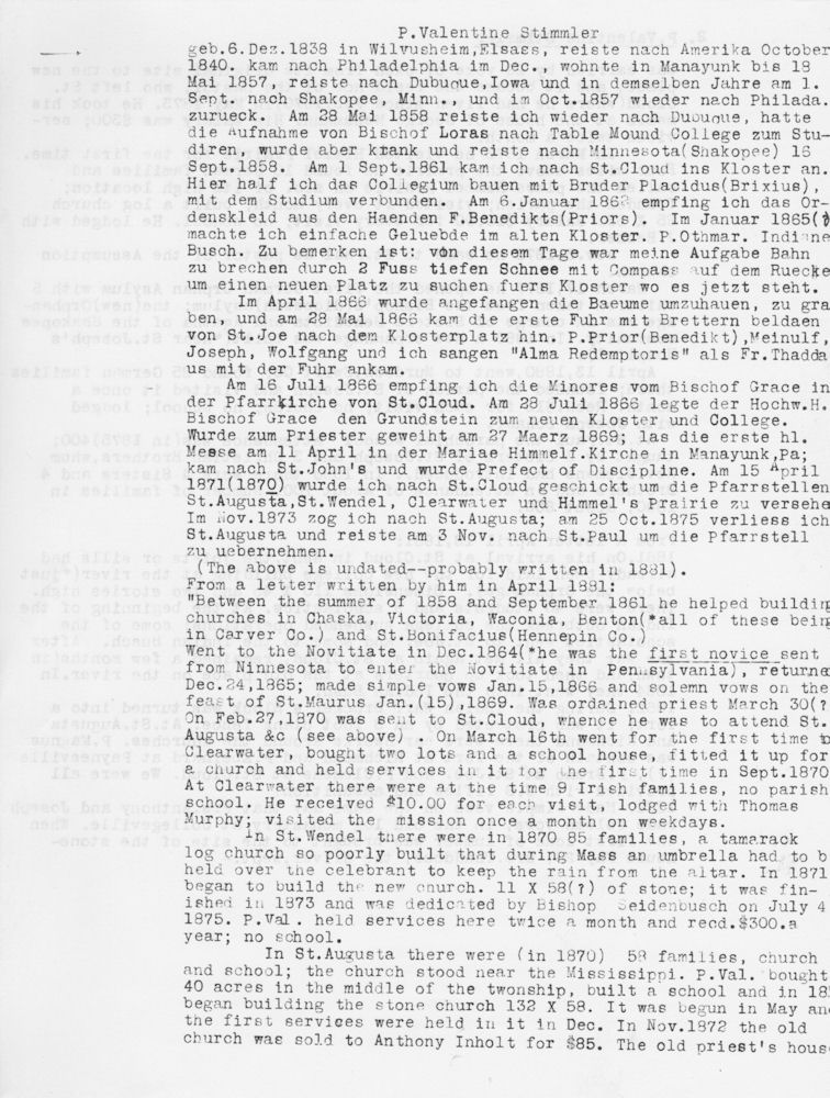 Fr. Valentine's German letter and translation by George Mullally