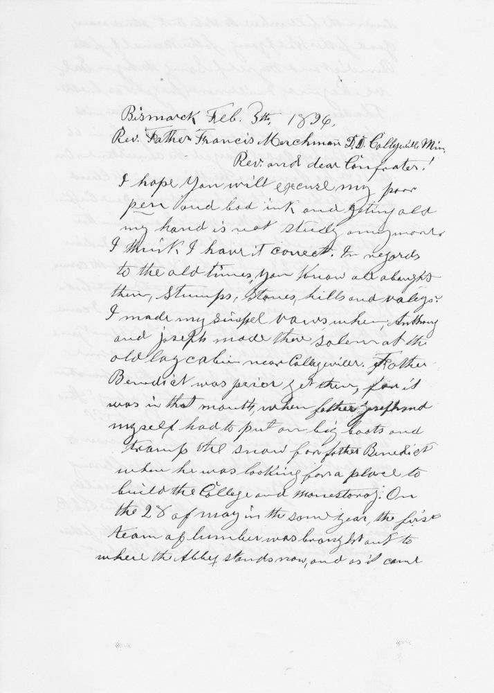 First page of Fr. Valentine's handwritten letter of Feb. 5th, 1896