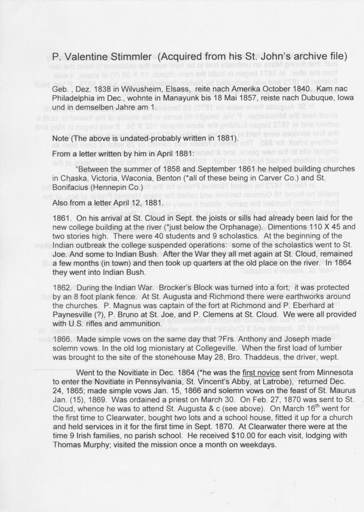Notes acquired from Fr. Valentine Stimmler's St. John's archive file