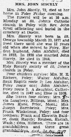 Obituary of Mrs. John Siscely
