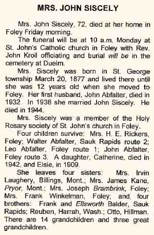 Obituary of Mrs. John Siscely