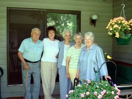 Left to right:  Darrell Moog, Lois Marie O'Konek, Mary Ann Moog (n&eacute;e Okonek/O'Konek), Mildred 'Millie' Reitsman (n&eacute;e Okonek/O'Konek) and Ruth O'Konek (n&eacute;e Day).