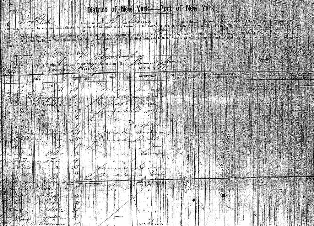 First page of Steamer Saxonia Passenger List, May 6, 1870, from Hamburg.
