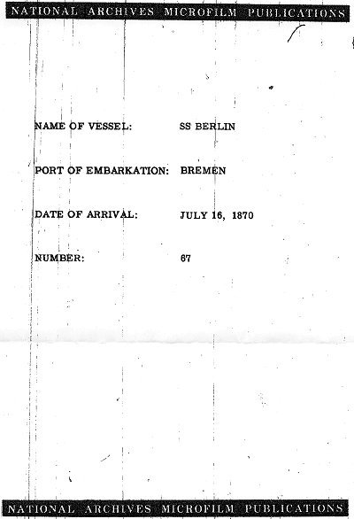 Cover of S. S. Berlin Passenger List, July 16, 1870, from Bremen to Baltimore.