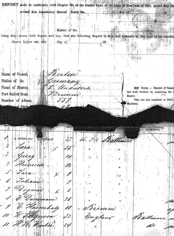 First page of S. S. Berlin Passenger List, July 16, 1870, from Bremen to Baltimore.