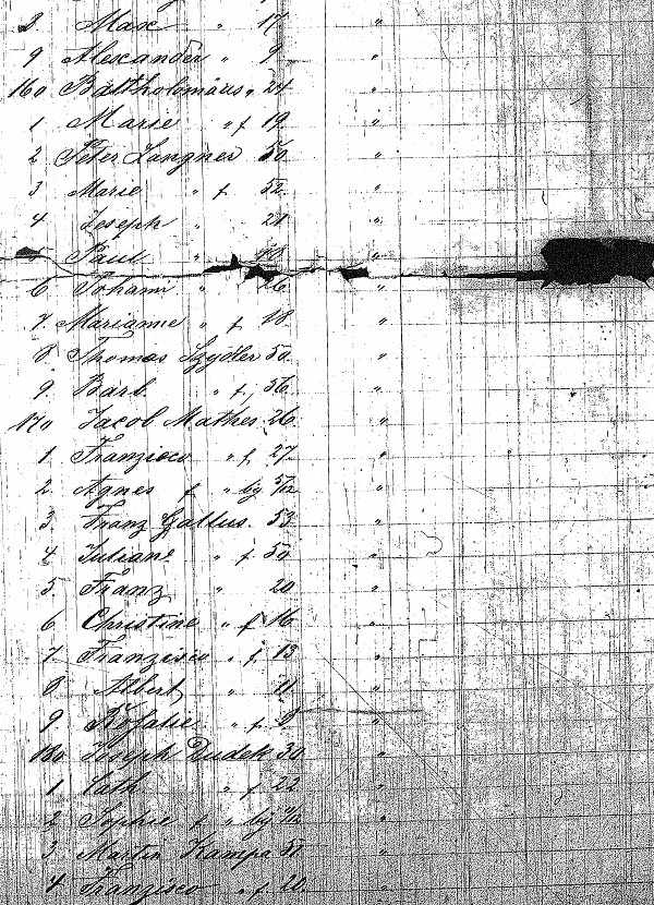 Page of S. S. Berlin Passenger List listing Martin Kampa and Frances Kampa, July 16, 1870, from Bremen to Baltimore.