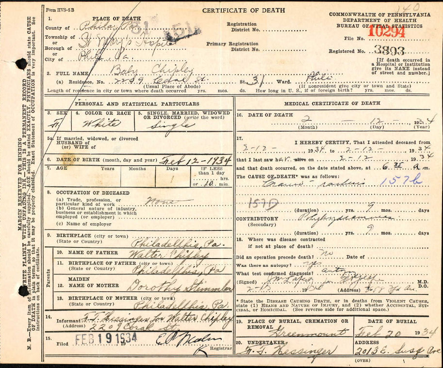 Death Certificate of Regina Chipley (1934-1934)