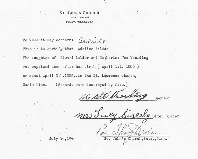 Baptismal Certificate of Adelaide Balder.