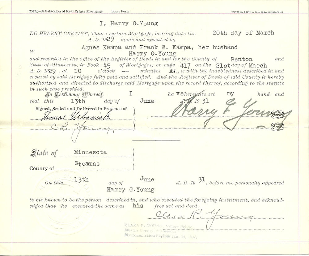 Satisfaction of Mortgage from Harry G. Young to Agnes Kampa and Frank W. Kampa, her husband