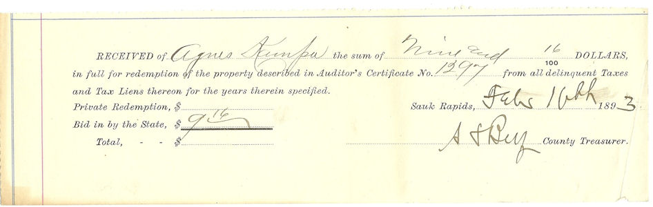 Agnes Kampa Tax Redeption, dated Feb. 10th 1893