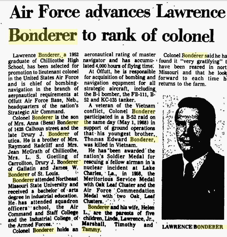 Air Force advances Lawrence Bonderer to rank of colonel, The Chillicothe Constitution Tribune, March 19, 1977