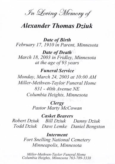 Interior page of Alexander Dziuk Funeral Program.