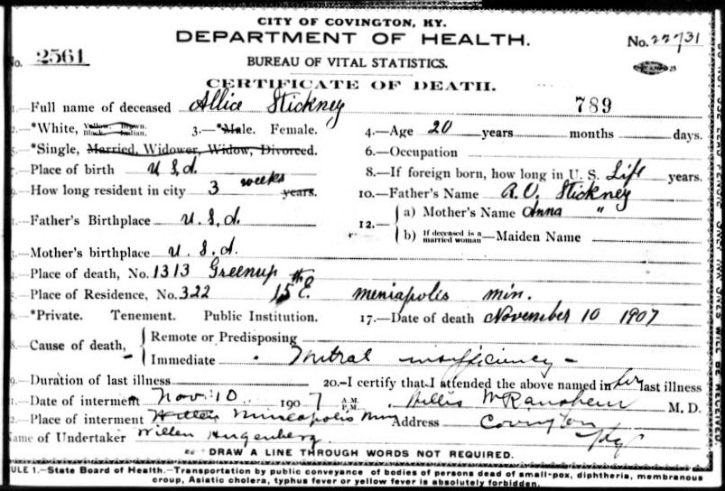 Stickney Gravestone, St. Mary's Cemetery, Minneapolis, MN.