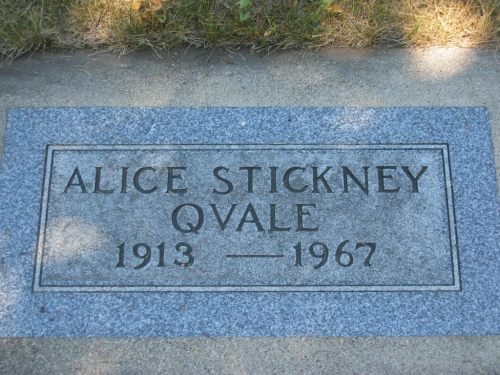 Alice Qvale (n&eacute;e Stickney)'s Gravestone, Fairview Cemetery, Willmar, MN