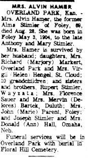 Obituary of Mrs. Alvin Hamer, St. Cloud Times, Aug. 29, 1973.