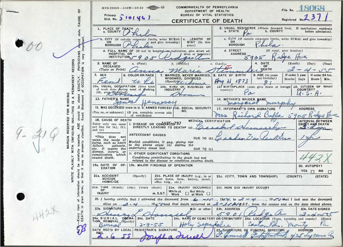 Anna M. Stimmler Certificate of Death