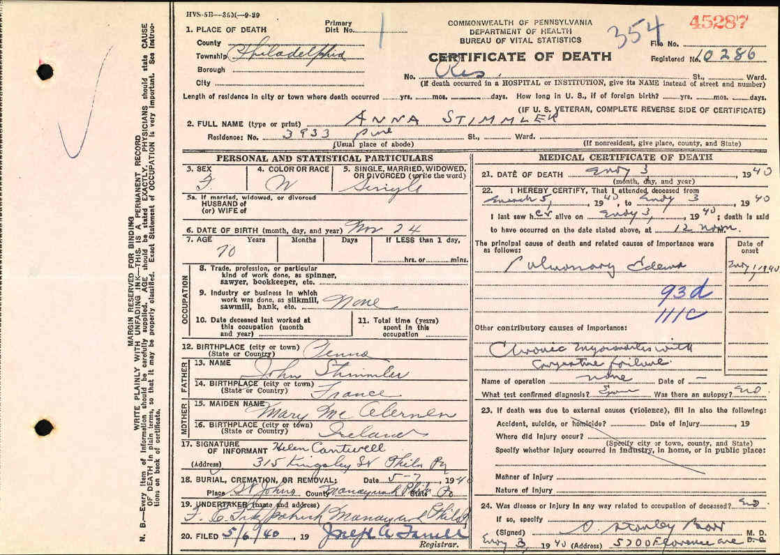 Death Certificate of Anna Stimmler