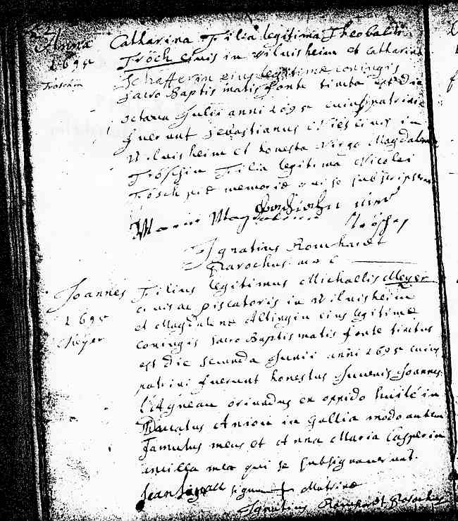 St-Martin Parish Baptismal Record of Catharina Tr&ouml;sch, February 10, 1693.