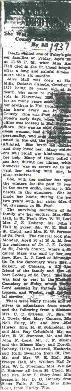 Obituary of Miss Anna Hall