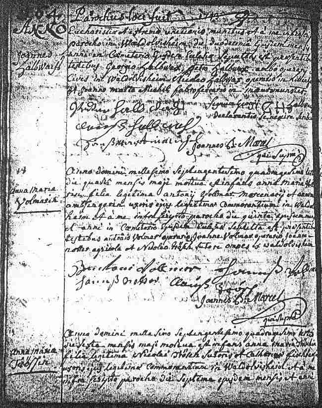 First page of Sts-Pancrace-et-Boniface Parish Death Record of Anna Maria Tr&ouml;esch, Waldolwisheim, mid-1743.