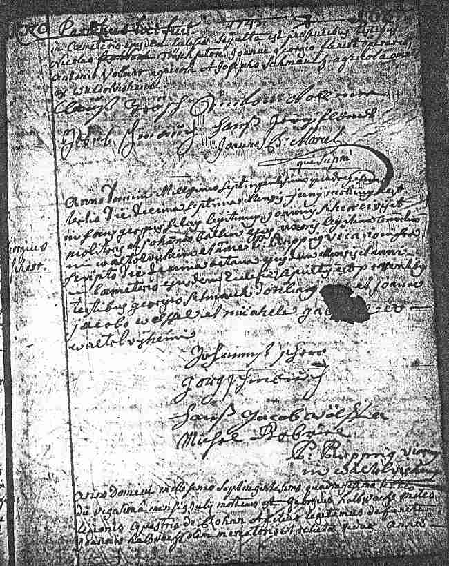 Second page of Sts-Pancrace-et-Boniface Parish Death Record of Anna Maria Tr&ouml;esch, Waldolwisheim, mid-1743.