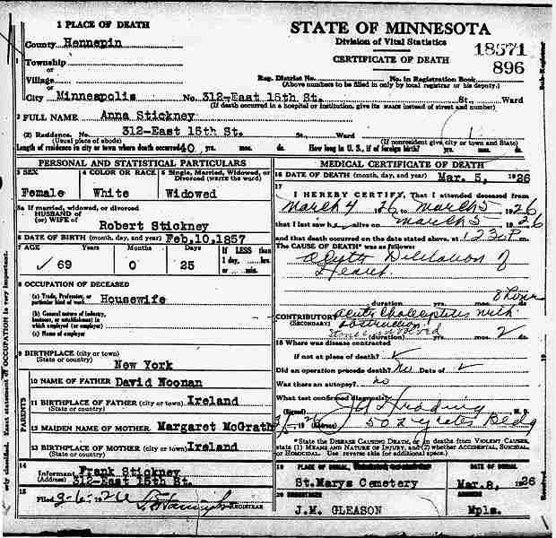 Certificate of Death for Anna Stickney (n&eacute;e Noonan).