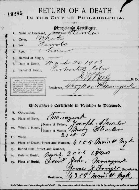 Return of a Death in the City of Philadelphia for Annie Stimmler