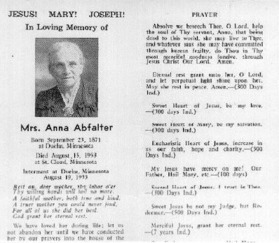 Ann Mary Abfalter (n&eacute;e Kampa) Prayer Card.